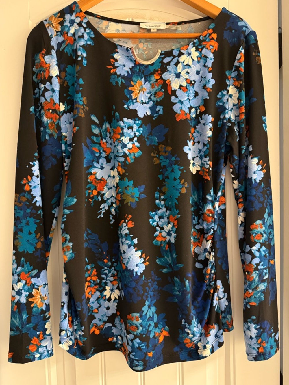 Calvin Klein Medium Floral Long Sleeve Top in Black with Blue & Orange Flowers
